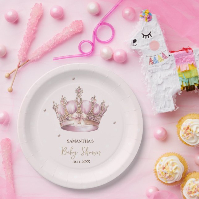 Little Princess Crown Pearls Dots Baby Shower Pappteller (Party)