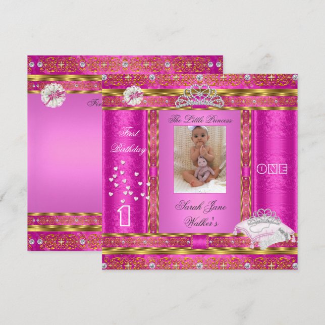 Little Princess First Birthday Party Foto Pink Einladung (Vorne/Hinten)