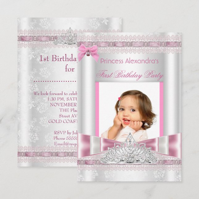 Little Princess Girl First Birthday Party Foto Einladung (Vorne/Hinten)