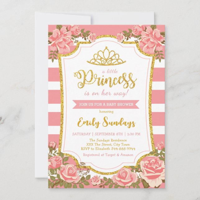 Little Princess Gold Crown Pink Floral Baby Dusche Einladung (Vorderseite)