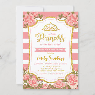 Little Princess Gold Crown Pink Floral Baby Dusche Einladung