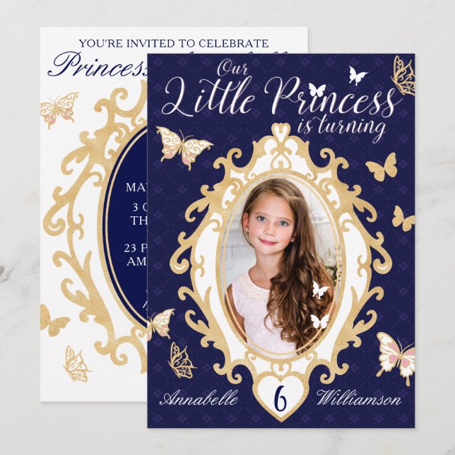 Little Princess Navy & Gold Einladung zum Geburtst (Vorne/Hinten)