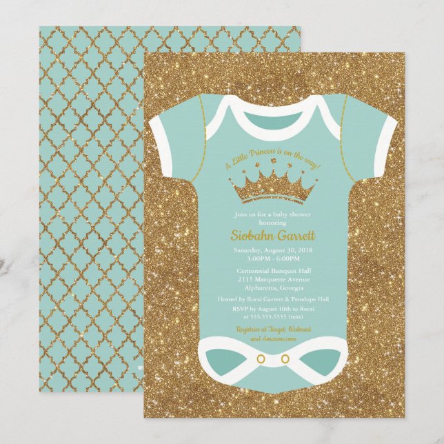 Little Princess Turquoise Glitzer Gold Baby Dusche Einladung (Vorne/Hinten)