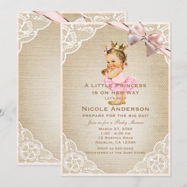 Little Princess Vintag Baby Girl Rustikale Dusche Einladung (Vorne/Hinten)