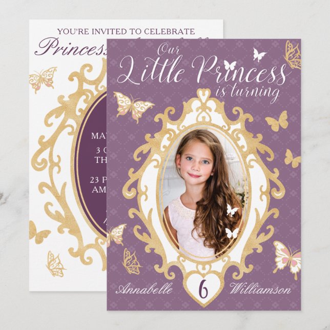 Little Princess Violet & Gold Einladung zum Geburt (Vorne/Hinten)