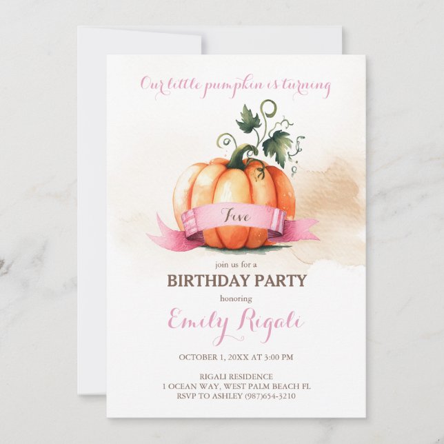 Little Pumpkin 5th Birthday Invitation Girl Einladung (Vorderseite)