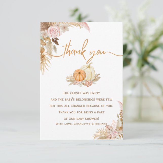 Little Pumpkin Autumn Boho Fall Floral Baby Shower Dankeskarte (Stehend Vorderseite)