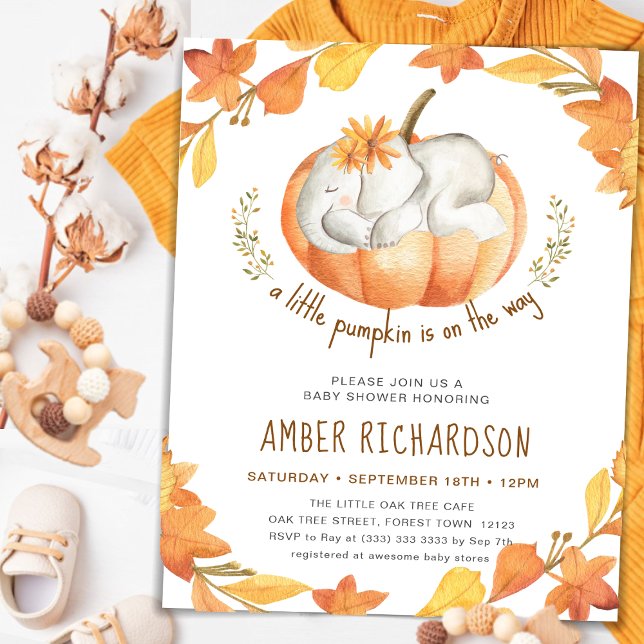 Little Pumpkin Autumn Elephant Girl Baby Shower Einladung (Von Creator hochgeladen)