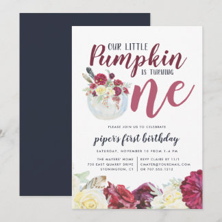 Little Pumpkin Autumn Floral Erster Geburtstag Par Einladung