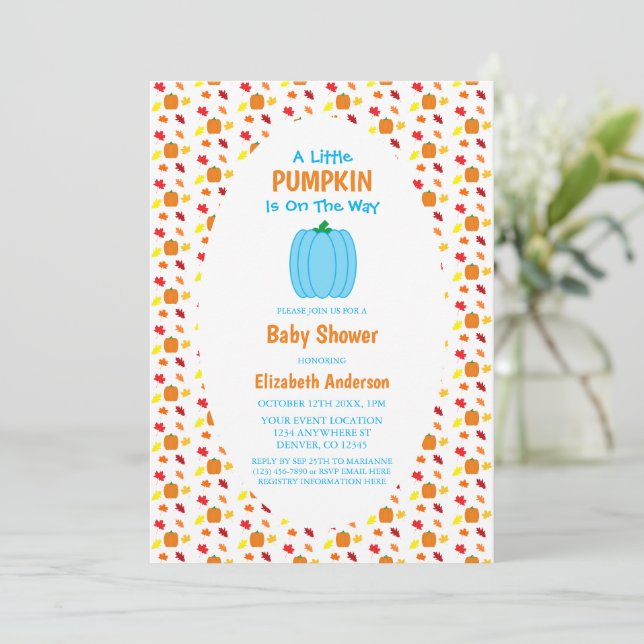 Little Pumpkin Autumn Leaves Baby Dusche Einladung (Stehend Vorderseite)