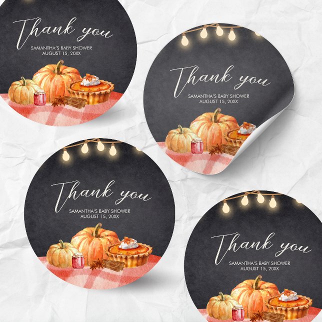 Little Pumpkin Autumn Picnic Baby Shower Runder Aufkleber (Pumpkin Fall Baby Shower Round Sticker)