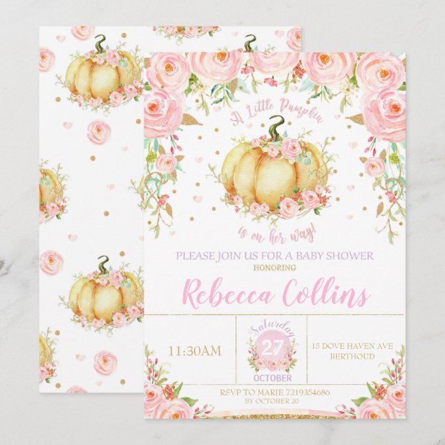Little Pumpkin Baby Dusche Pink Floral Baby Girl Einladung (Vorne/Hinten)