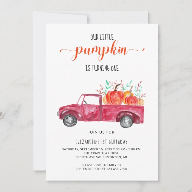 Little Pumpkin Baby Dusche Red Truck Herbst Herbst Einladung (Vorderseite)