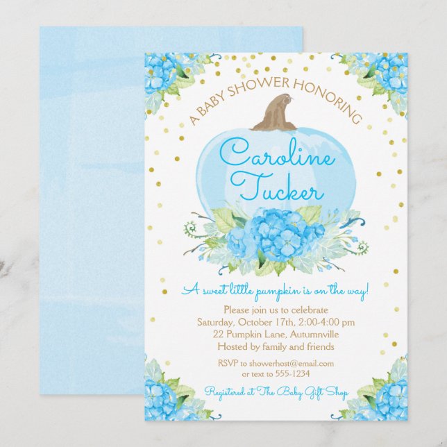 Little Pumpkin Baby Dusche Wasserfarbe Blau Gold Einladung (Vorne/Hinten)