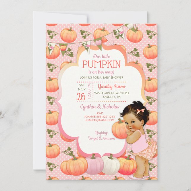 Little Pumpkin Baby Girl Dusche Medium Brünett Einladung (Vorderseite)