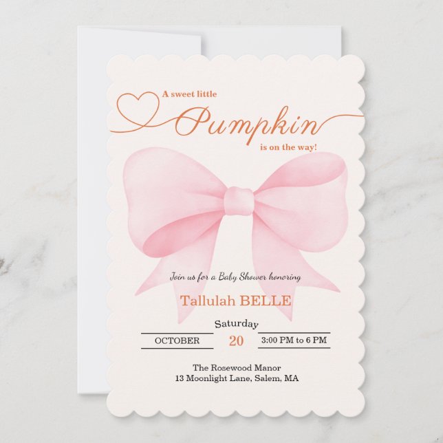 Little Pumpkin Baby Shower Einladung - Pink Bow (Vorderseite)