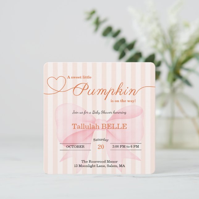 Little Pumpkin Baby Shower Einladung - Pink Bow (Stehend Vorderseite)