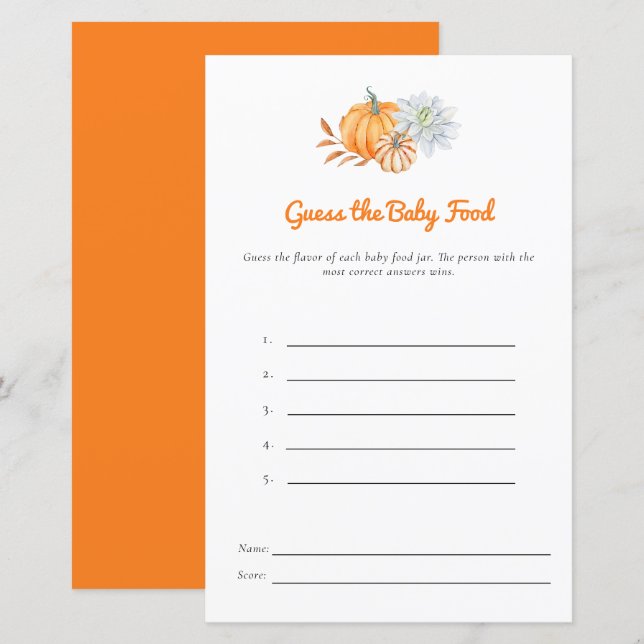 Little Pumpkin Baby Shower Guess Baby Food Game (Vorne/Hinten)