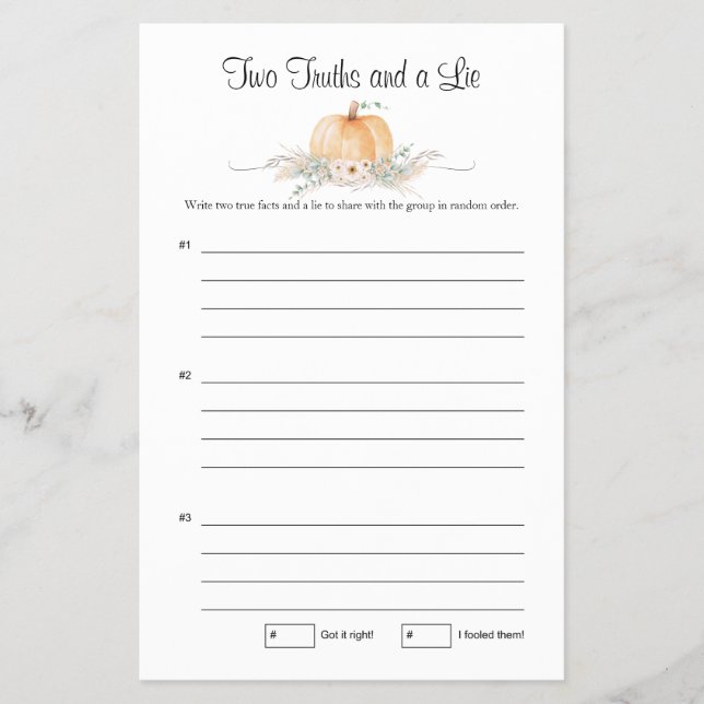 Little Pumpkin Baby Shower Spiel zwei Wahrheiten Flyer (Vorne)
