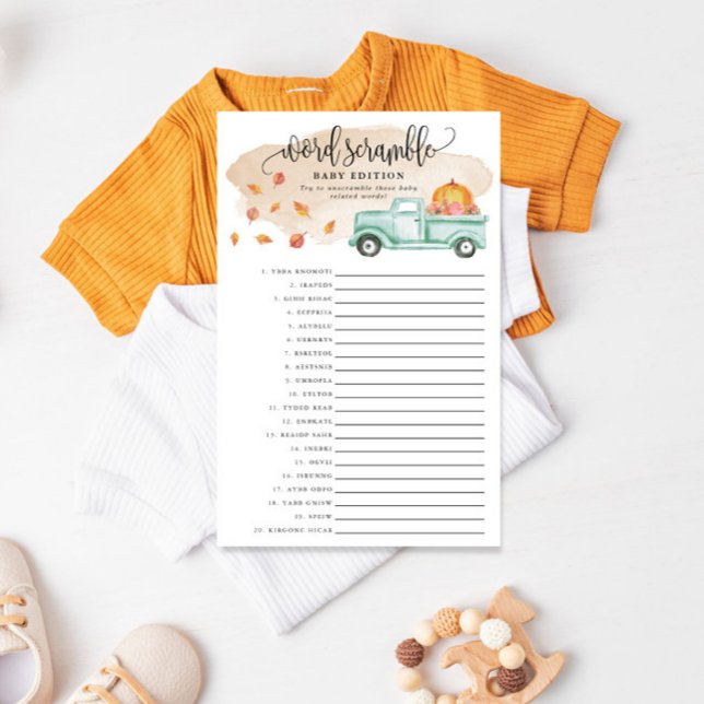 Little Pumpkin Baby Word Scramble Paper Games Card Flyer (Have some fun at your shower with this easy to play game!)