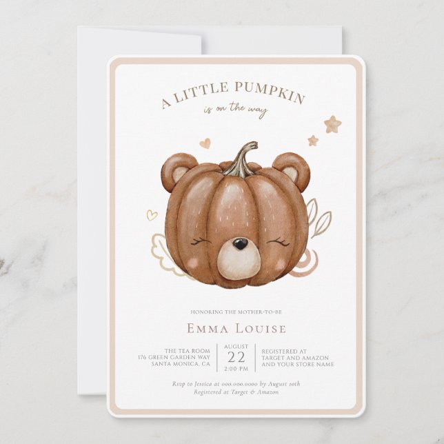 Little Pumpkin Bear Fall Baby Dusche Neutral Einladung (Vorderseite)