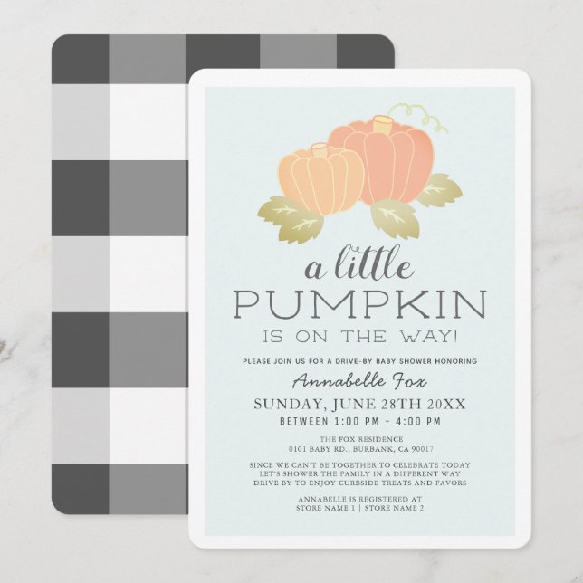 Little Pumpkin Blue Black Drive-by Baby Shower Einladung (Vorne/Hinten)