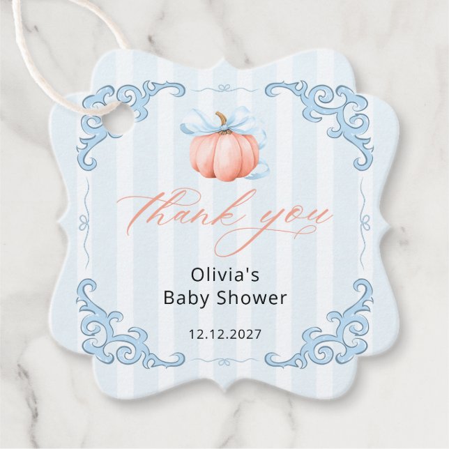 Little Pumpkin Blue Bow Baby Dusche Danke Geschenkanhänger (Vorderseite)