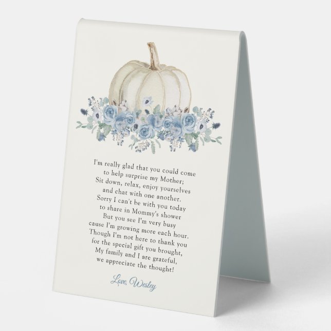 Little Pumpkin Blue Boy Baby Shower Tischaufsteller (Vorderseite)