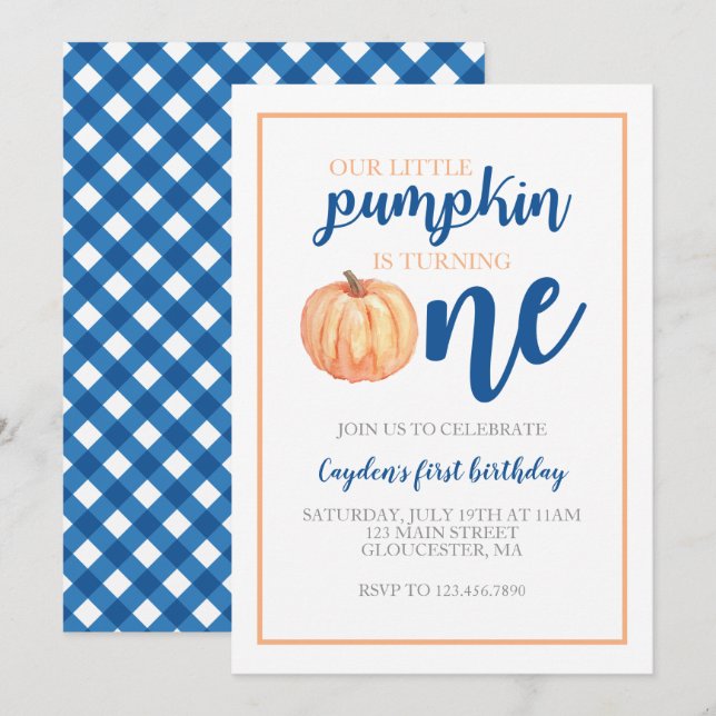 Little Pumpkin Blue Fall First Birthday Einladung (Vorne/Hinten)
