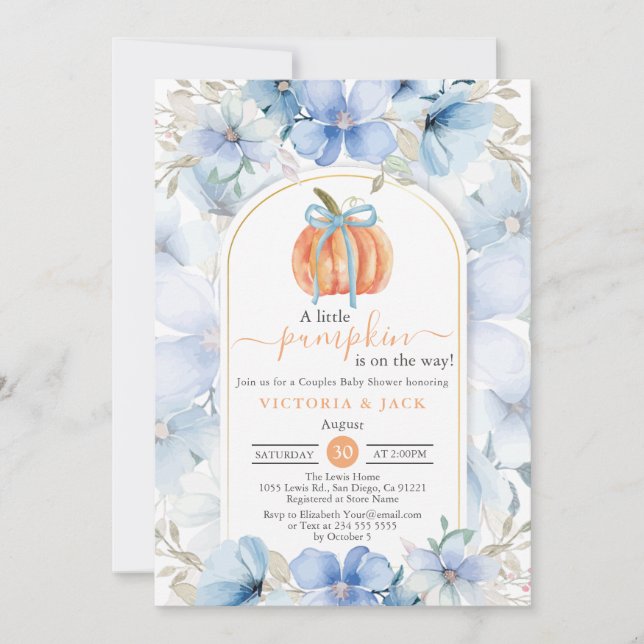 Little Pumpkin Blue Floral Garden Fall Baby Dusche Einladung (Vorderseite)