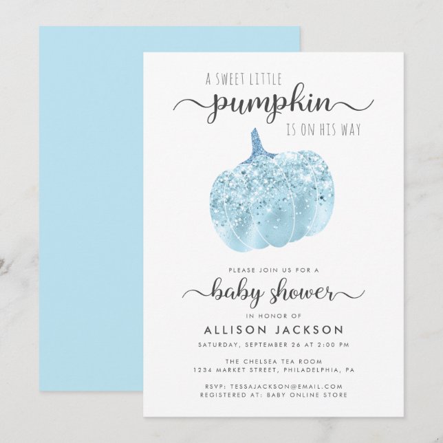 Little Pumpkin Blue Glitzer Sparkle Baby Dusche Einladung (Vorne/Hinten)