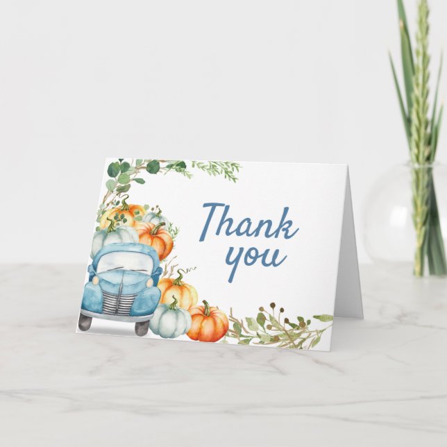 Little Pumpkin Blue Truck Baby Dusche Dankeskarte (Vorderseite)