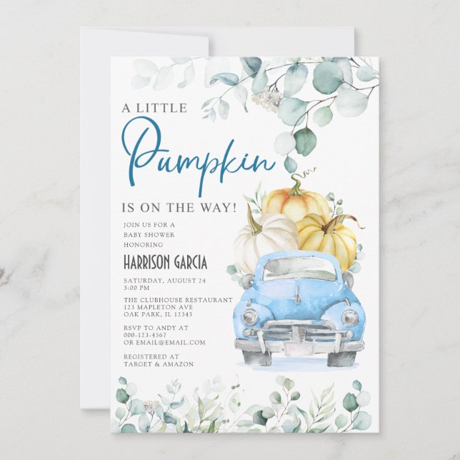 Little Pumpkin Blue Truck Baby Dusche Einladung (Vorderseite)