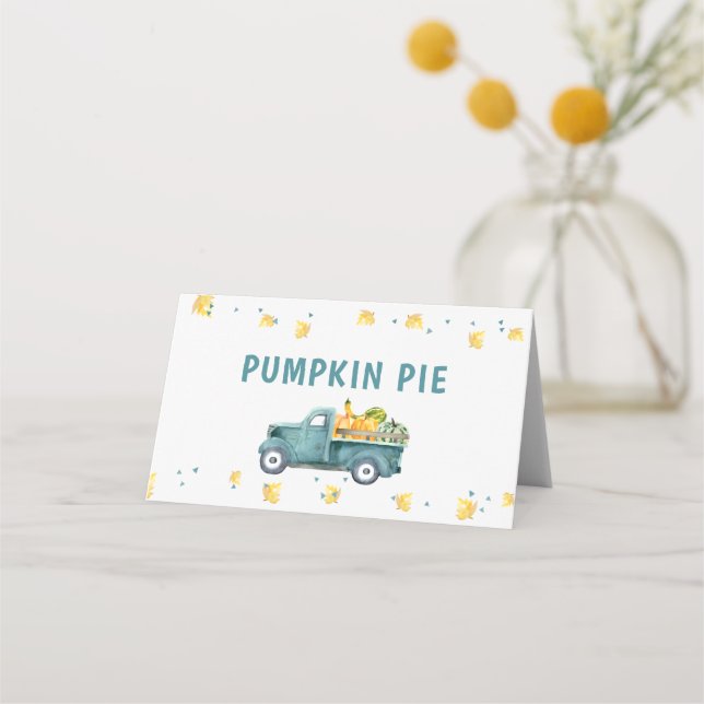 Little Pumpkin Blue Truck Birthday Food Zelt oder Platzkarte (Vorderseite)