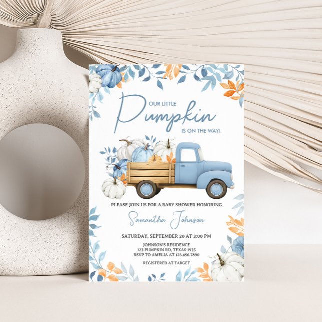 Little Pumpkin Blue Truck Fall Baby Dusche Einladung (Blue Little Pumpkin Truck Fall Baby Shower Invitation)