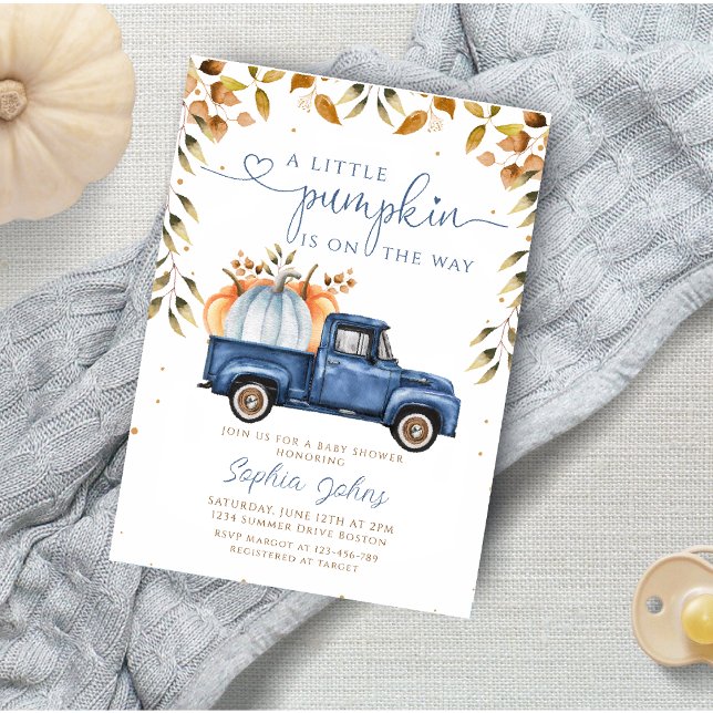 Little Pumpkin Blue Truck Herbstjungen Babydusche Einladung (Von Creator hochgeladen)