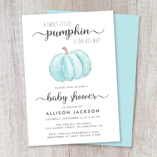 Little Pumpkin Blue Watercolor Baby Boy Dusche Einladung (Celebrate the upcoming arrival of your autumn baby boy with a pumpkin-themed baby shower)