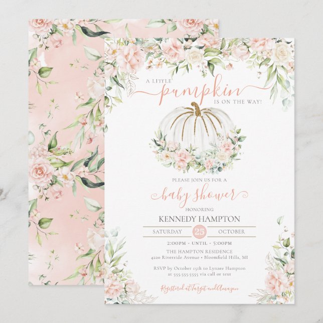 Little Pumpkin Blush Pink Floral Fall Baby Dusche Einladung (Vorne/Hinten)