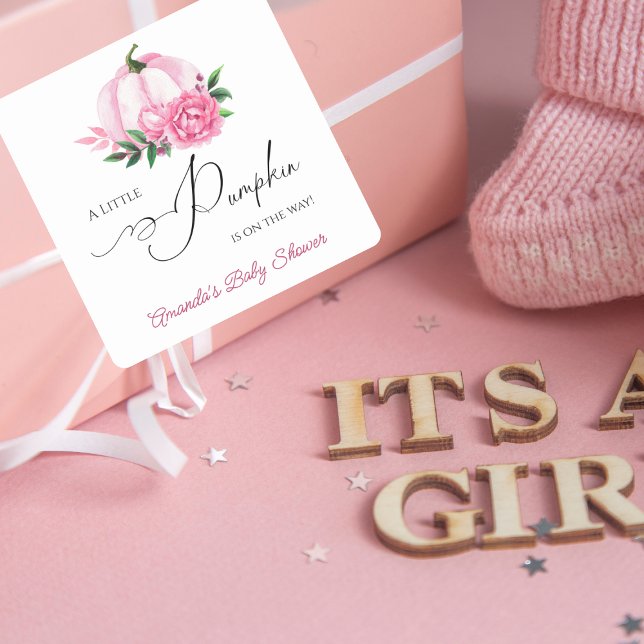 Little Pumpkin Blush Pink Rustic Baby Dusche Quadratischer Aufkleber (Von Creator hochgeladen)