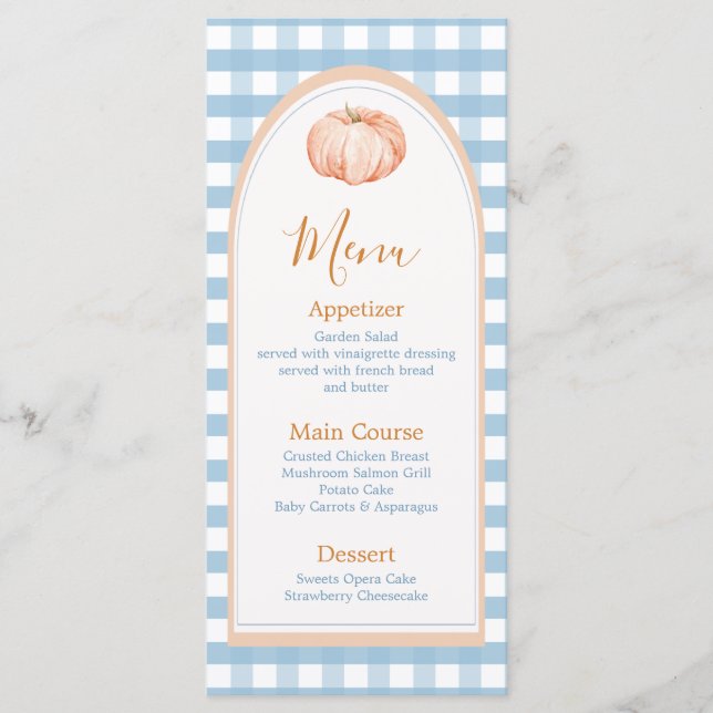 Little Pumpkin Boho Blue Gingham Birthday Menükarte (Vorderseite)