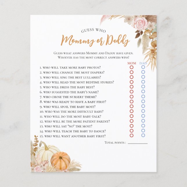 Little Pumpkin Boho Fall Floral Baby Shower Game (Vorderseite)