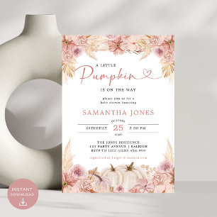 Little Pumpkin Boho Pink Pampas Grass Baby Dusche Einladung