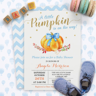 Little Pumpkin Boy Gold Blue Fall Baby Dusche Einladung