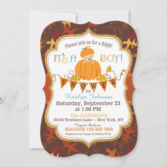 Little Pumpkin Boy Herbstlaubs Kinderdusche Einladung (Vorderseite)
