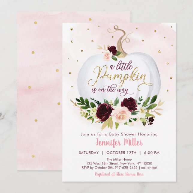 Little Pumpkin Burgundy Floral Baby Shower Einladung (Vorne/Hinten)