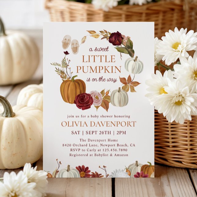 Little Pumpkin Burgundy Floral Fall Baby Dusche Einladung (Von Creator hochgeladen)