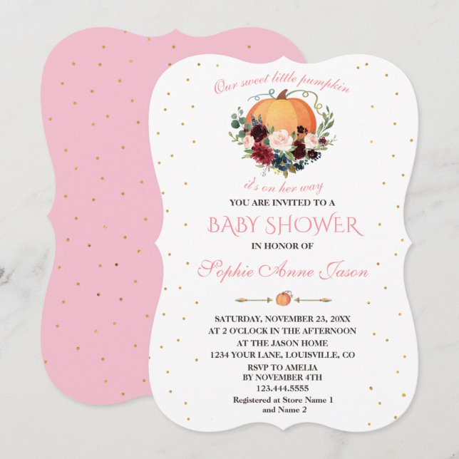 Little Pumpkin Burgundy Navy Floral Baby Shower Einladung (Vorne/Hinten)