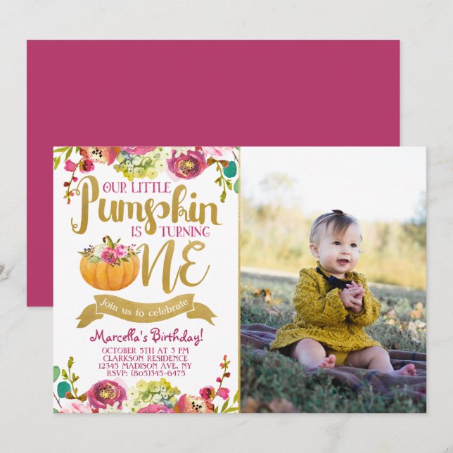 Little Pumpkin Einladung zum ersten Geburtstag (Vorne/Hinten)