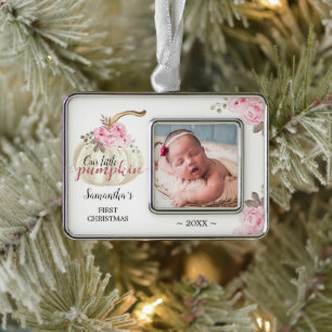 Little Pumpkin Erste Weihnachtszeit Pink Floral Fo Rahmen-Ornament Silber