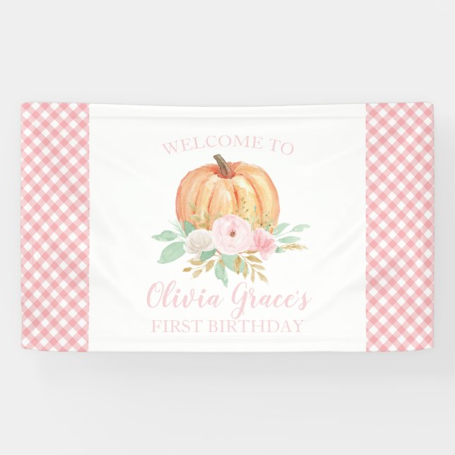 Little Pumpkin Erster Geburtstag Blumenrosa karier Banner (Horizontal)